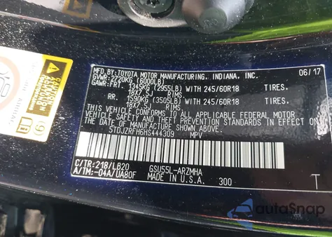 2017 Toyota Highlander Xle z USA, uszkodzony, nr VIN 5TDJZRFH6HS444309